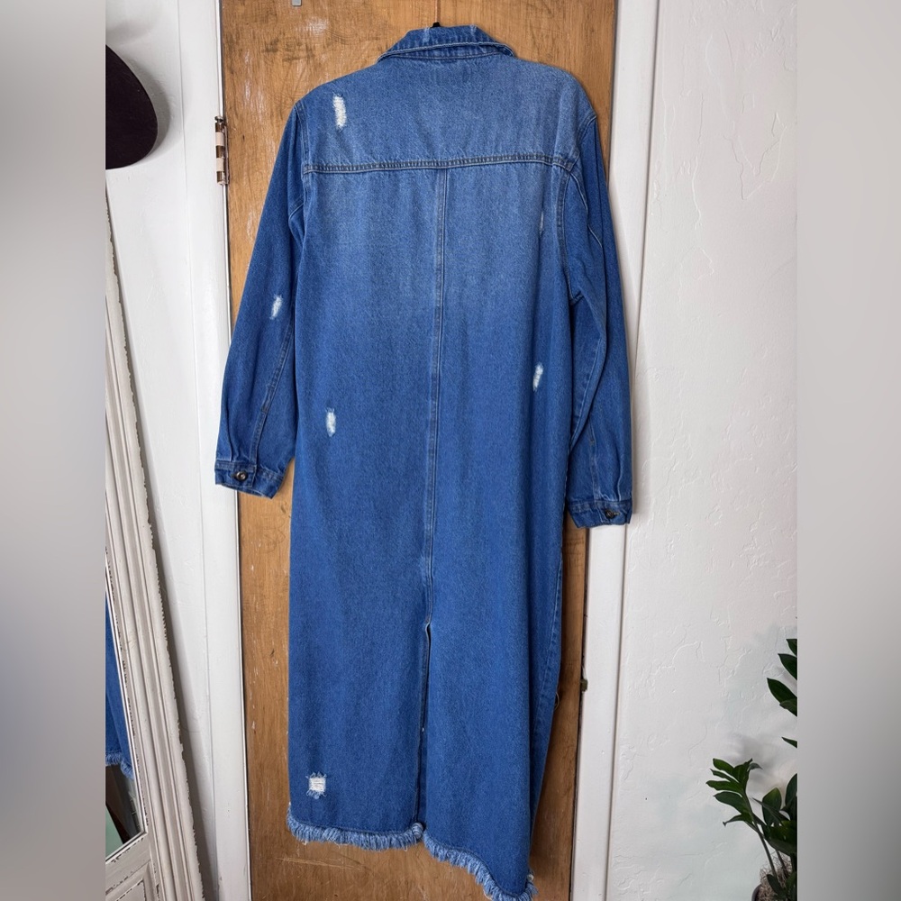 Blue Age Long Denim Coat Jacket Distressed Button Front Size L - Picture 3 of 3
